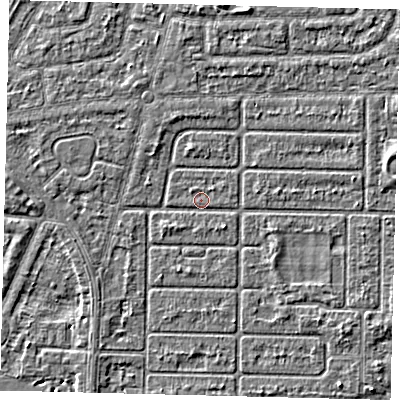 Shaded relief map of the ground around HU94PR, computed from Environment Agency LiDAR. The ground here sits at about 2 m above sea level and falls 2 m across the surrounding 800 m. Surface water reaching this point runs off ground lying to the north-north-west, 1.2 m higher.