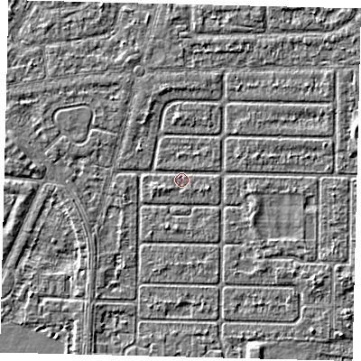 Shaded relief map of the ground around HU94PS, computed from Environment Agency LiDAR. The ground here sits at about 2 m above sea level and falls 2 m across the surrounding 800 m. Surface water reaching this point runs off ground lying to the west-north-west, 1.4 m higher.