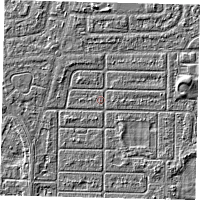 Shaded relief map of the ground around HU94PT, computed from Environment Agency LiDAR. The ground here sits at about 2 m above sea level and falls 3 m across the surrounding 800 m. Surface water reaching this point runs off ground lying to the north-west, 1.2 m higher.