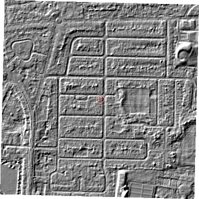 Shaded relief map of the ground around HU94PU, computed from Environment Agency LiDAR. The ground here sits at about 2 m above sea level and falls 4 m across the surrounding 800 m. Surface water reaching this point runs off ground lying to the south-east, 1.5 m higher.
