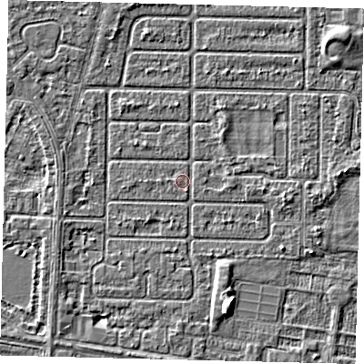 Shaded relief map of the ground around HU94PX, computed from Environment Agency LiDAR. The ground here sits at about 2 m above sea level and falls 4 m across the surrounding 800 m. Surface water reaching this point runs off ground lying to the north-north-east, 0.8 m higher.