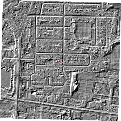 Shaded relief map of the ground around HU94PY, computed from Environment Agency LiDAR. The ground here sits at about 2 m above sea level and falls 4 m across the surrounding 800 m. Surface water reaching this point runs off ground lying to the east-north-east, 2.0 m higher.