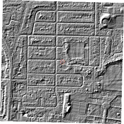 Shaded relief map of the ground around HU94PZ, computed from Environment Agency LiDAR. The ground here sits at about 2 m above sea level and falls 4 m across the surrounding 800 m. Surface water reaching this point runs off ground lying to the north-north-east, 0.8 m higher.