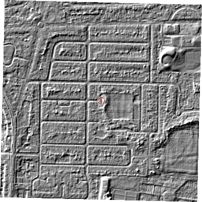 Shaded relief map of the ground around HU94QA, computed from Environment Agency LiDAR. The ground here sits at about 2 m above sea level and falls 3 m across the surrounding 800 m. Surface water reaching this point runs off ground lying to the north-north-east, 0.8 m higher.