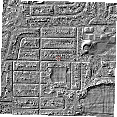 Shaded relief map of the ground around HU94QB, computed from Environment Agency LiDAR. The ground here sits at about 2 m above sea level and falls 2 m across the surrounding 800 m. Surface water reaching this point runs off ground lying to the south-east, 1.6 m higher.