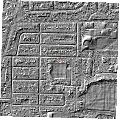 Shaded relief map of the ground around HU94QD, computed from Environment Agency LiDAR. The ground here sits at about 2 m above sea level and falls 2 m across the surrounding 800 m. Surface water reaching this point runs off ground lying to the south-east, 1.6 m higher.