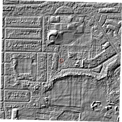 Shaded relief map of the ground around HU94QE, computed from Environment Agency LiDAR. The ground here sits at about 2 m above sea level and falls 2 m across the surrounding 800 m. Surface water reaching this point runs off ground lying to the north-north-west, 2.0 m higher.
