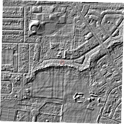 Shaded relief map of the ground around HU94QF, computed from Environment Agency LiDAR. The ground here sits at about 2 m above sea level and falls 2 m across the surrounding 800 m. Surface water reaching this point runs off ground lying to the south, 1.3 m higher.