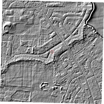 Shaded relief map of the ground around HU94QG, computed from Environment Agency LiDAR. The ground here sits at about 2 m above sea level and falls 3 m across the surrounding 800 m. Surface water reaching this point runs off ground lying to the south, 1.2 m higher.