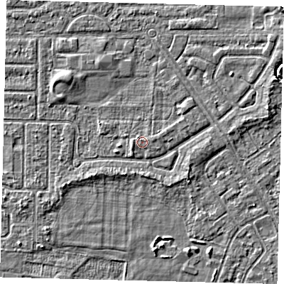 Shaded relief map of the ground around HU94QH, computed from Environment Agency LiDAR. The ground here sits at about 2 m above sea level and falls 3 m across the surrounding 800 m. Surface water reaching this point runs off ground lying to the north-north-west, 0.6 m higher.