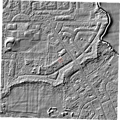 Shaded relief map of the ground around HU94QL, computed from Environment Agency LiDAR. The ground here sits at about 2 m above sea level and falls 3 m across the surrounding 800 m. Surface water reaching this point runs off ground lying to the north-north-east, 0.9 m higher.