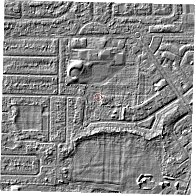 Shaded relief map of the ground around HU94QN, computed from Environment Agency LiDAR. The ground here sits at about 2 m above sea level and falls 2 m across the surrounding 800 m. Surface water reaching this point runs off ground lying to the north-north-west, 1.9 m higher.