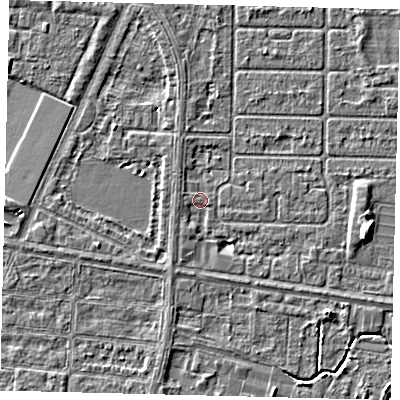 Shaded relief map of the ground around HU94QP, computed from Environment Agency LiDAR. The ground here sits at about 2 m above sea level and falls 4 m across the surrounding 800 m. Surface water reaching this point runs off ground lying to the west-south-west, 0.9 m higher.