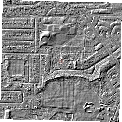 Shaded relief map of the ground around HU94QQ, computed from Environment Agency LiDAR. The ground here sits at about 2 m above sea level and falls 2 m across the surrounding 800 m. Surface water reaching this point runs off ground lying to the north-north-west, 1.9 m higher.
