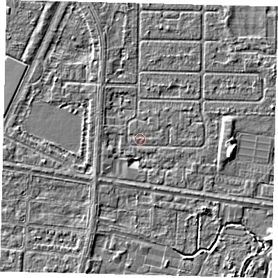 Shaded relief map of the ground around HU94QR, computed from Environment Agency LiDAR. The ground here sits at about 2 m above sea level and falls 4 m across the surrounding 800 m. Surface water reaching this point runs off ground lying to the west, 1.7 m higher.
