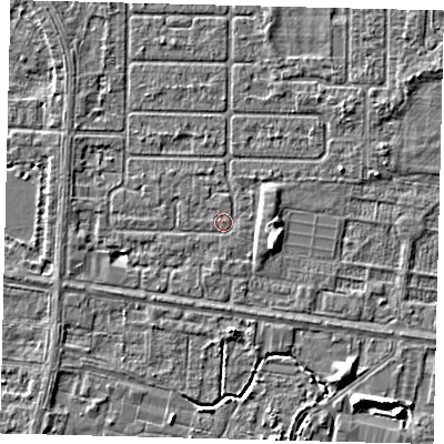 Shaded relief map of the ground around HU94QS, computed from Environment Agency LiDAR. The ground here sits at about 2 m above sea level and falls 5 m across the surrounding 800 m. Surface water reaching this point runs off ground lying to the west, 1.7 m higher.