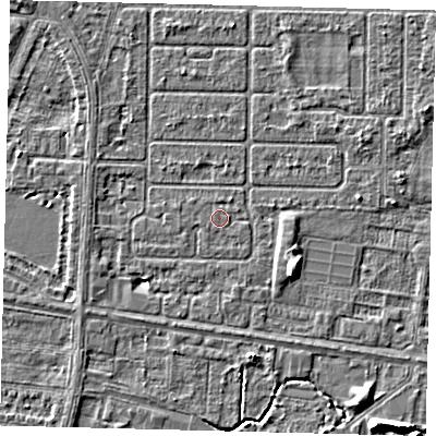 Shaded relief map of the ground around HU94QT, computed from Environment Agency LiDAR. The ground here sits at about 2 m above sea level and falls 5 m across the surrounding 800 m. The ground contributing surface water to this point lies to the west-south-west.