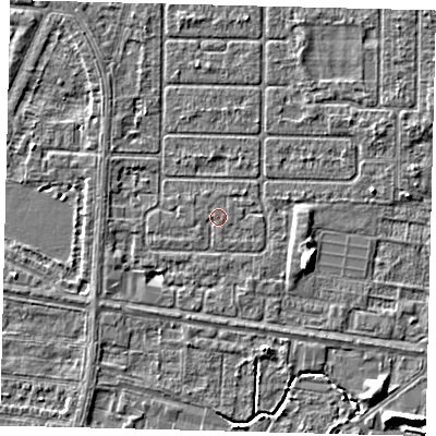 Shaded relief map of the ground around HU94QU, computed from Environment Agency LiDAR. The ground here sits at about 2 m above sea level and falls 5 m across the surrounding 800 m. The ground contributing surface water to this point lies to the west-south-west.