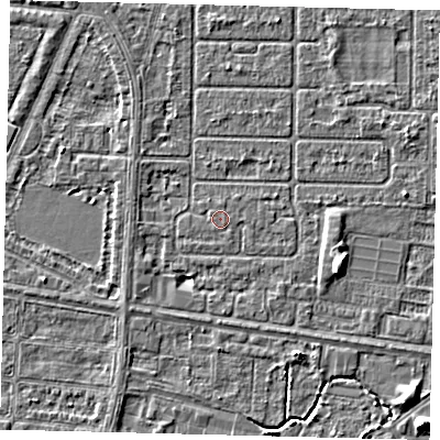 Shaded relief map of the ground around HU94QX, computed from Environment Agency LiDAR. The ground here sits at about 2 m above sea level and falls 5 m across the surrounding 800 m. The ground contributing surface water to this point lies to the north.