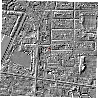 Shaded relief map of the ground around HU94QY, computed from Environment Agency LiDAR. The ground here sits at about 2 m above sea level and falls 4 m across the surrounding 800 m. Surface water reaching this point runs off ground lying to the west-north-west, 1.2 m higher.