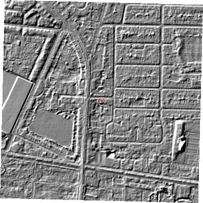 Shaded relief map of the ground around HU94QZ, computed from Environment Agency LiDAR. The ground here sits at about 2 m above sea level and falls 4 m across the surrounding 800 m. Surface water reaching this point runs off ground lying to the west, 0.9 m higher.