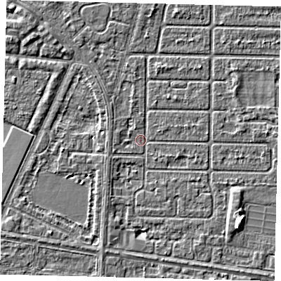 Shaded relief map of the ground around HU94RA, computed from Environment Agency LiDAR. The ground here sits at about 2 m above sea level and falls 4 m across the surrounding 800 m. Surface water reaching this point runs off ground lying to the west-south-west, 1.3 m higher.