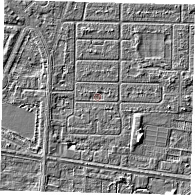 Shaded relief map of the ground around HU94RB, computed from Environment Agency LiDAR. The ground here sits at about 2 m above sea level and falls 4 m across the surrounding 800 m. Surface water reaching this point runs off ground lying to the north, 0.7 m higher.