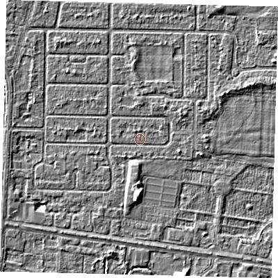 Shaded relief map of the ground around HU94RD, computed from Environment Agency LiDAR. The ground here sits at about 2 m above sea level and falls 4 m across the surrounding 800 m. Surface water reaching this point runs off ground lying to the east-north-east, 1.2 m higher.