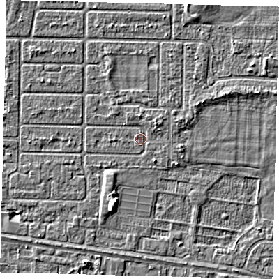 Shaded relief map of the ground around HU94RE, computed from Environment Agency LiDAR. The ground here sits at about 2 m above sea level and falls 4 m across the surrounding 800 m. Surface water reaching this point runs off ground lying to the north-east, 1.2 m higher.