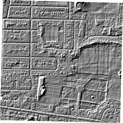 Shaded relief map of the ground around HU94RG, computed from Environment Agency LiDAR. The ground here sits at about 2 m above sea level and falls 4 m across the surrounding 800 m. Surface water reaching this point runs off ground lying to the north, 1.2 m higher.