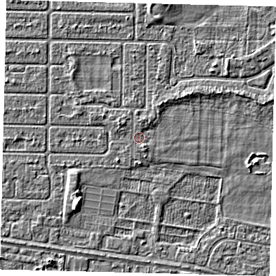Shaded relief map of the ground around HU94RH, computed from Environment Agency LiDAR. The ground here sits at about 2 m above sea level and falls 4 m across the surrounding 800 m. Surface water reaching this point runs off ground lying to the south-south-east, 1.0 m higher.