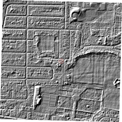 Shaded relief map of the ground around HU94RJ, computed from Environment Agency LiDAR. The ground here sits at about 2 m above sea level and falls 4 m across the surrounding 800 m. Surface water reaching this point runs off ground lying to the south-south-west, 1.1 m higher.