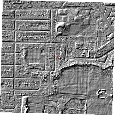 Shaded relief map of the ground around HU94RL, computed from Environment Agency LiDAR. The ground here sits at about 2 m above sea level and falls 4 m across the surrounding 800 m. Surface water reaching this point runs off ground lying to the south, 1.0 m higher.