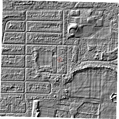 Shaded relief map of the ground around HU94RN, computed from Environment Agency LiDAR. The ground here sits at about 2 m above sea level and falls 4 m across the surrounding 800 m. Surface water reaching this point runs off ground lying to the south, 1.1 m higher.