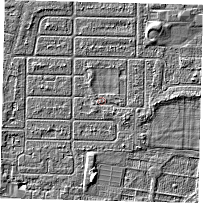 Shaded relief map of the ground around HU94RP, computed from Environment Agency LiDAR. The ground here sits at about 2 m above sea level and falls 4 m across the surrounding 800 m. Surface water reaching this point runs off ground lying to the south-east, 0.9 m higher.