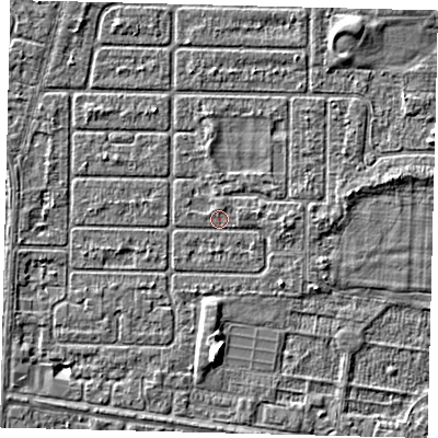 Shaded relief map of the ground around HU94RR, computed from Environment Agency LiDAR. The ground here sits at about 2 m above sea level and falls 4 m across the surrounding 800 m. Surface water reaching this point runs off ground lying to the east-north-east, 0.7 m higher.