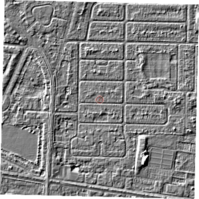 Shaded relief map of the ground around HU94RS, computed from Environment Agency LiDAR. The ground here sits at about 2 m above sea level and falls 4 m across the surrounding 800 m. Surface water reaching this point runs off ground lying to the east, 2.0 m higher.