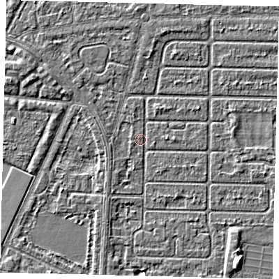 Shaded relief map of the ground around HU94RT, computed from Environment Agency LiDAR. The ground here sits at about 2 m above sea level and falls 4 m across the surrounding 800 m. Surface water reaching this point runs off ground lying to the east-south-east, 1.4 m higher.