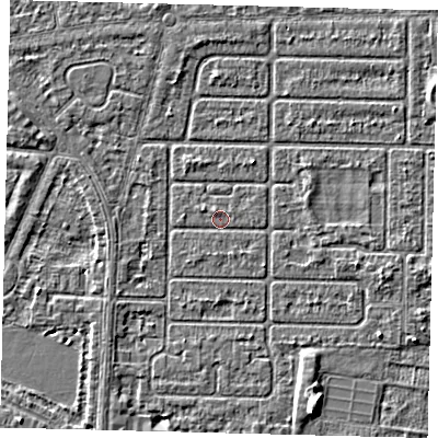 Shaded relief map of the ground around HU94RU, computed from Environment Agency LiDAR. The ground here sits at about 2 m above sea level and falls 4 m across the surrounding 800 m. Surface water reaching this point runs off ground lying to the east-south-east, 1.5 m higher.
