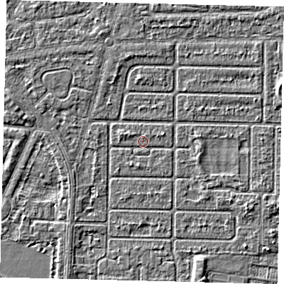 Shaded relief map of the ground around HU94RX, computed from Environment Agency LiDAR. The ground here sits at about 2 m above sea level and falls 2 m across the surrounding 800 m. Surface water reaching this point runs off ground lying to the east-south-east, 1.5 m higher.