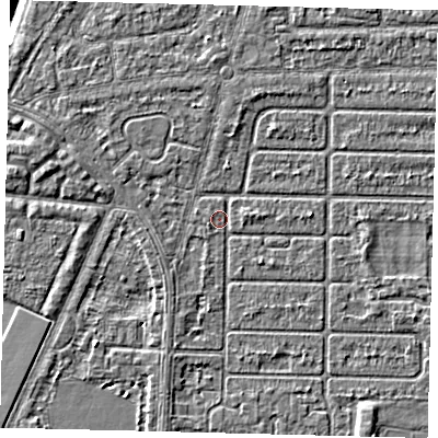 Shaded relief map of the ground around HU94RY, computed from Environment Agency LiDAR. The ground here sits at about 2 m above sea level and falls 5 m across the surrounding 800 m. Surface water reaching this point runs off ground lying to the east, 1.0 m higher.