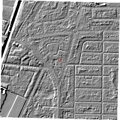 Shaded relief map of the ground around HU94SD, computed from Environment Agency LiDAR. The ground here sits at about 2 m above sea level and falls 5 m across the surrounding 800 m. Surface water reaching this point runs off ground lying to the west, 1.0 m higher.