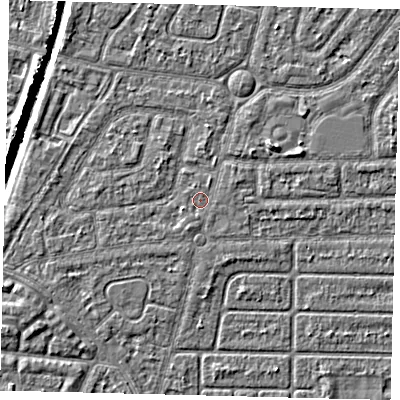 Shaded relief map of the ground around HU94SH, computed from Environment Agency LiDAR. The ground here sits at about 2 m above sea level and falls 5 m across the surrounding 800 m. The ground contributing surface water to this point lies to the east-north-east.
