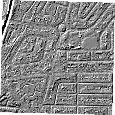 Shaded relief map of the ground around HU94SJ, computed from Environment Agency LiDAR. The ground here sits at about 3 m above sea level and falls 5 m across the surrounding 800 m. Surface water reaching this point runs off ground lying to the east-north-east, 0.6 m higher.