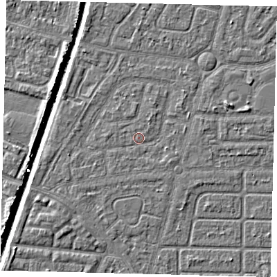 Shaded relief map of the ground around HU94SN, computed from Environment Agency LiDAR. The ground here sits at about 2 m above sea level and falls 6 m across the surrounding 800 m. Surface water reaching this point runs off ground lying to the east-south-east, 0.8 m higher.