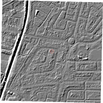 Shaded relief map of the ground around HU94SP, computed from Environment Agency LiDAR. The ground here sits at about 2 m above sea level and falls 5 m across the surrounding 800 m. Surface water reaching this point runs off ground lying to the east, 0.9 m higher.