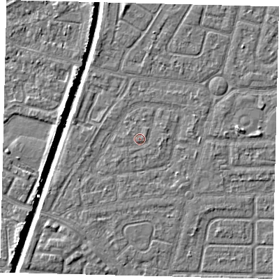 Shaded relief map of the ground around HU94SR, computed from Environment Agency LiDAR. The ground here sits at about 3 m above sea level and falls 6 m across the surrounding 800 m. Surface water reaching this point runs off ground lying to the east-south-east, 0.6 m higher.
