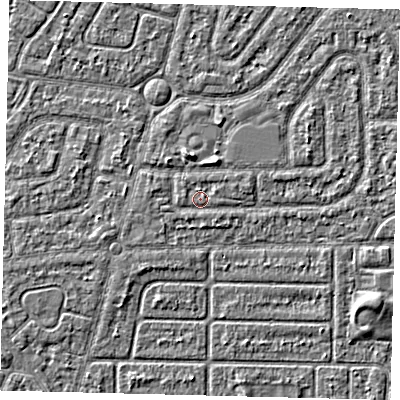 Shaded relief map of the ground around HU94SU, computed from Environment Agency LiDAR. The ground here sits at about 2 m above sea level and falls 2 m across the surrounding 800 m. Surface water reaching this point runs off ground lying to the north-north-west, 1.6 m higher.