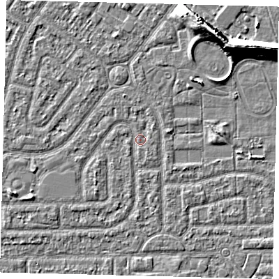 Shaded relief map of the ground around HU94SZ, computed from Environment Agency LiDAR. The ground here sits at about 2 m above sea level and falls 9 m across the surrounding 800 m. Surface water reaching this point runs off ground lying to the west-south-west, 1.0 m higher.