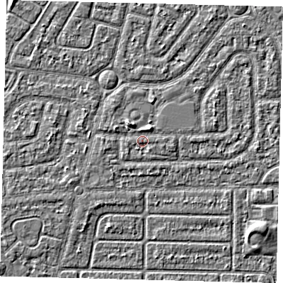 Shaded relief map of the ground around HU94TD, computed from Environment Agency LiDAR. The ground here sits at about 2 m above sea level and falls 2 m across the surrounding 800 m. Surface water reaching this point runs off ground lying to the north-north-east, 0.9 m higher.
